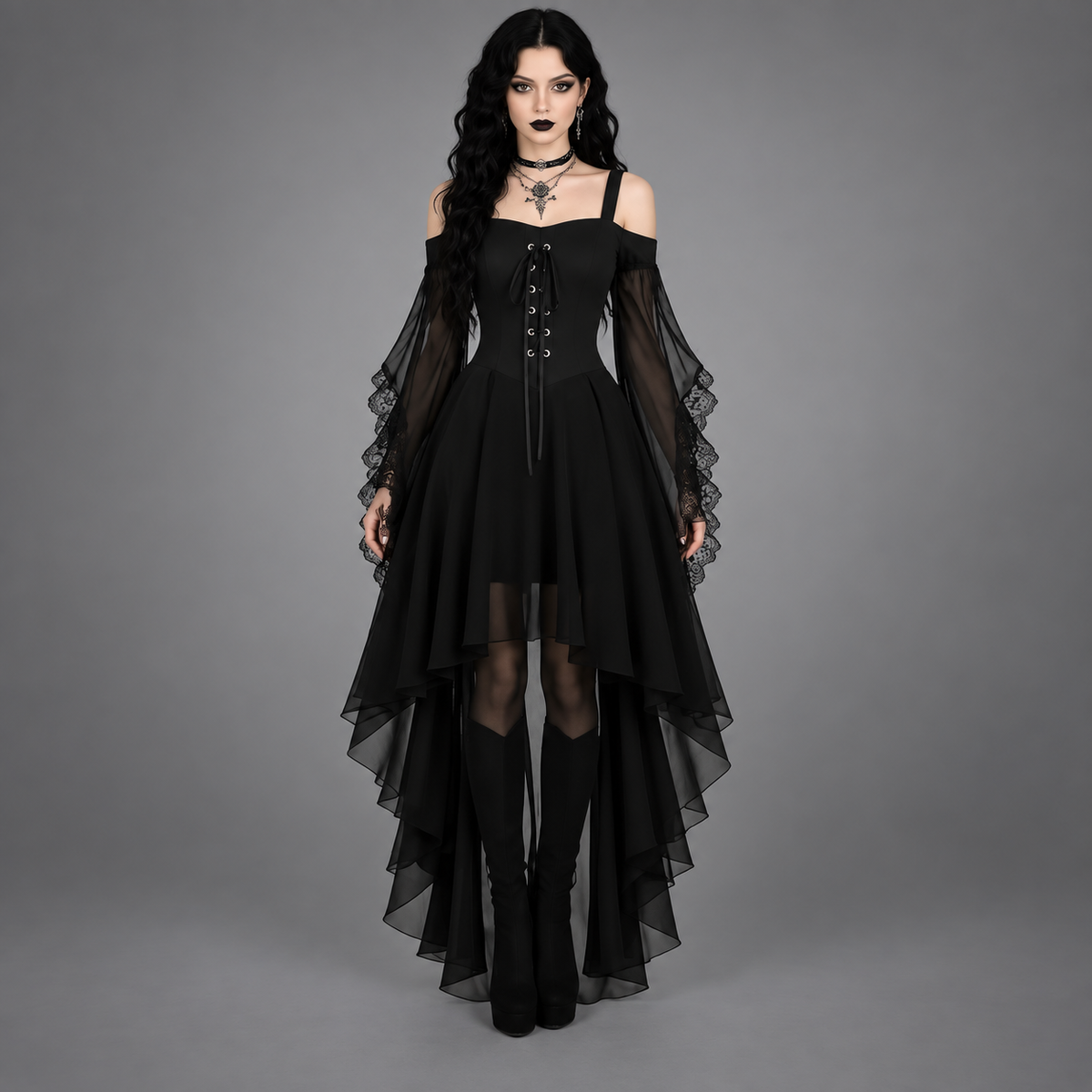 Vestido de vampira con encaje y falda asimétrica