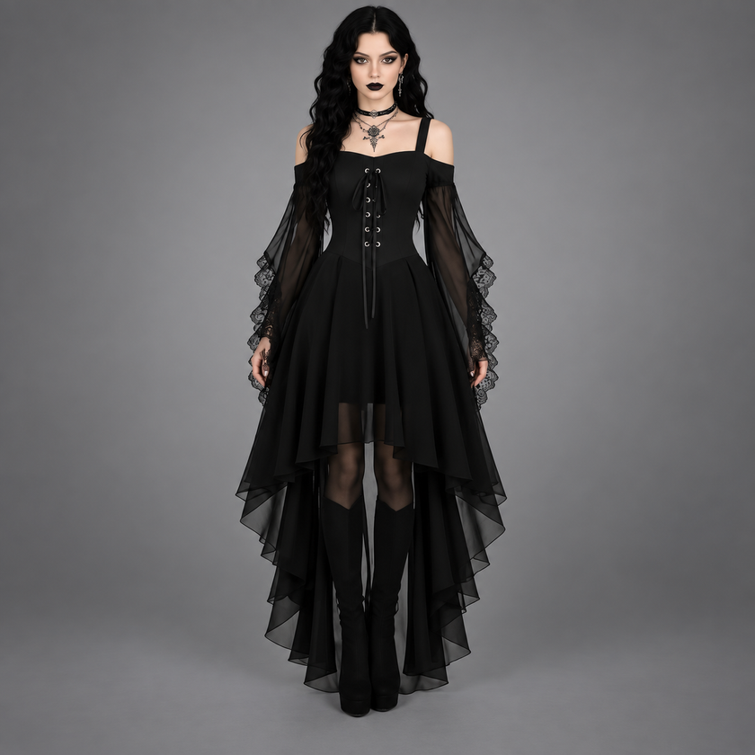 Vestido de vampira con encaje y falda asimétrica